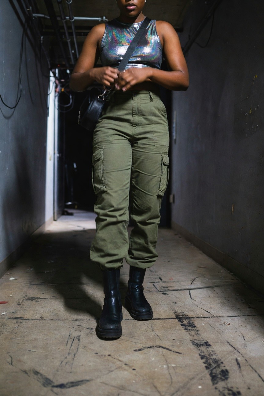 Green Cargo Pants And A Holographic Tank