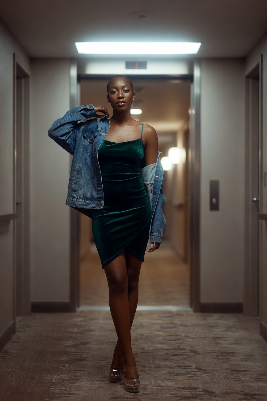 Green Velvet Dress With Denim Jacket