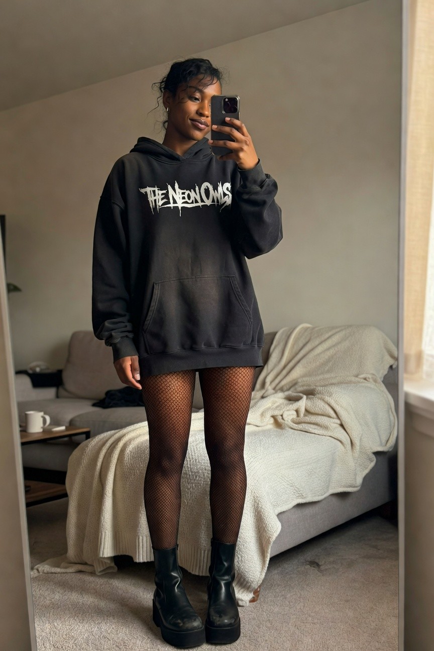 Hoodie With Fishnets And Boots
