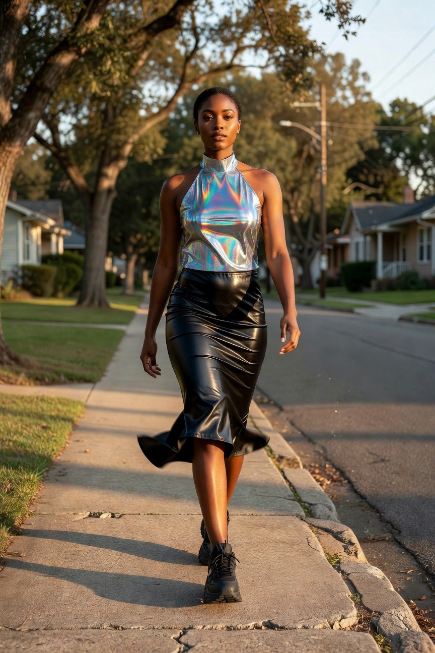 Iridescent Halter Top With Leather Skirt