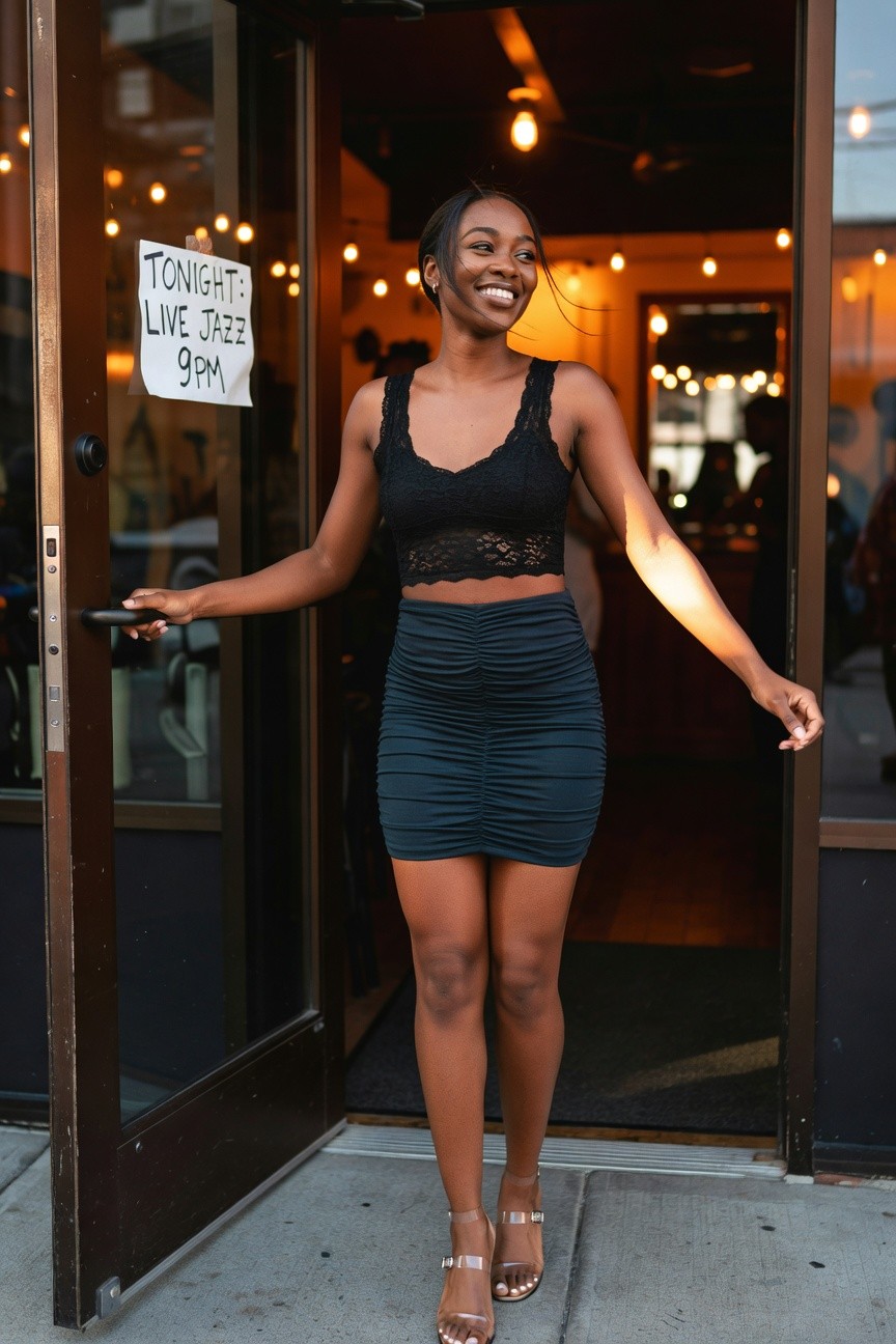 Lace Crop Top And Ruched Mini Skirt