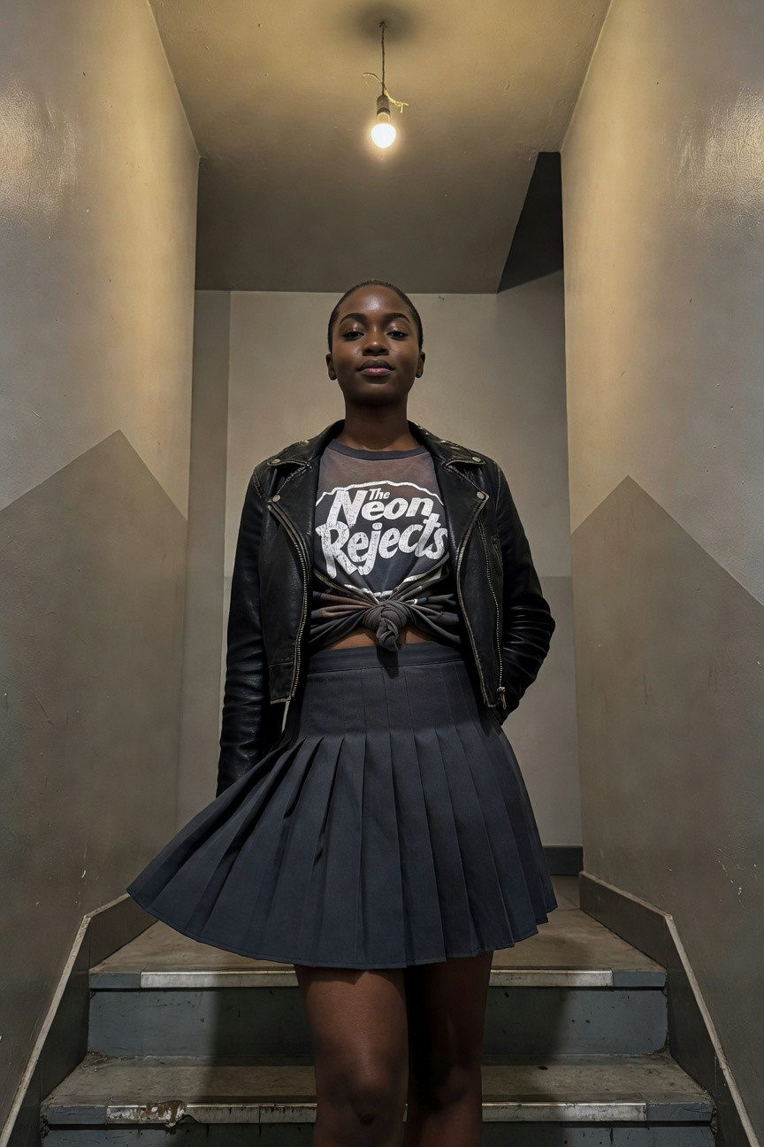 Leather Jacket Paired With A Pleated Mini Skirt