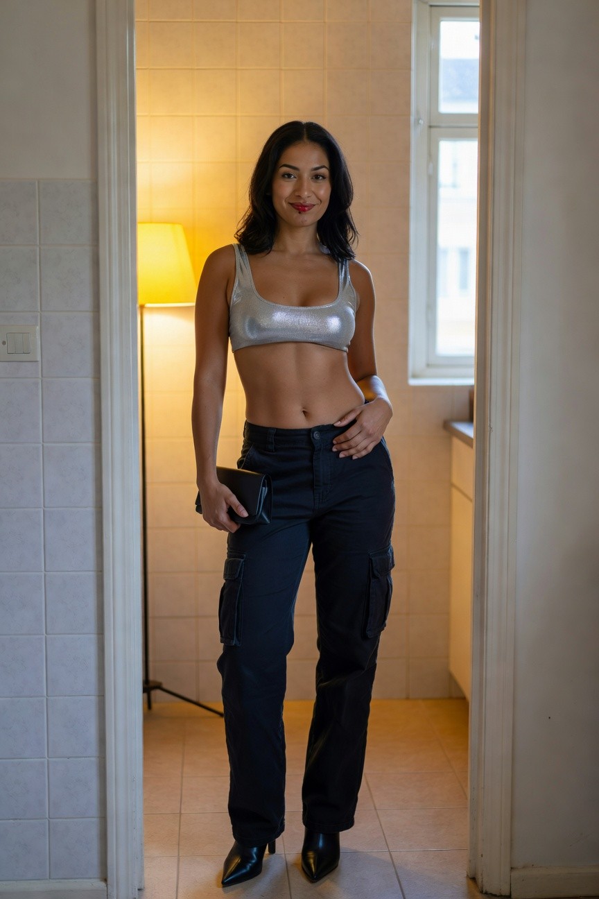 Metallic Crop Top With Black Cargo Pants