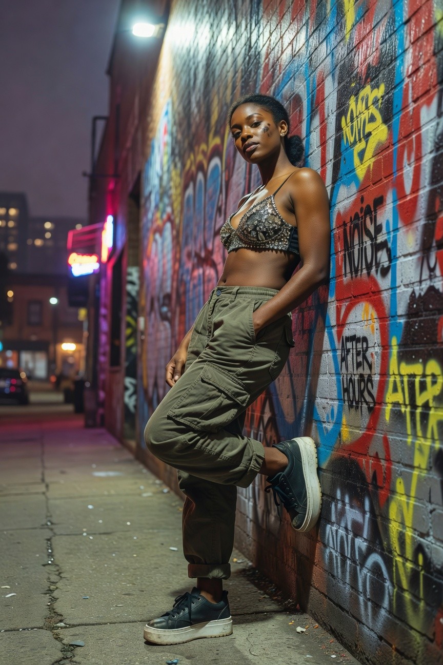 Olive Cargo Pants With A Sparkly Bralette