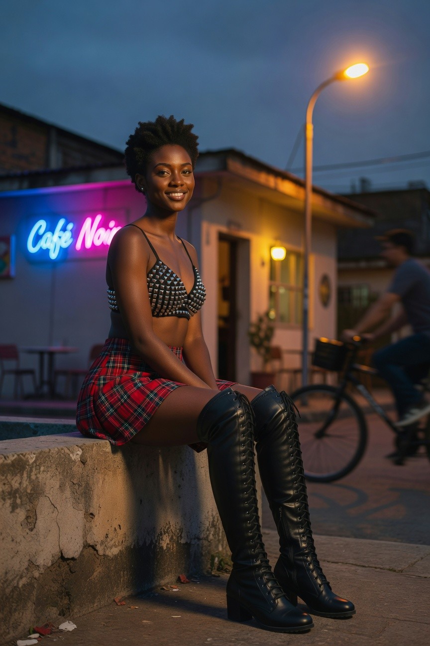 Plaid Mini Skirt With Studded Top And Lace Up Boots