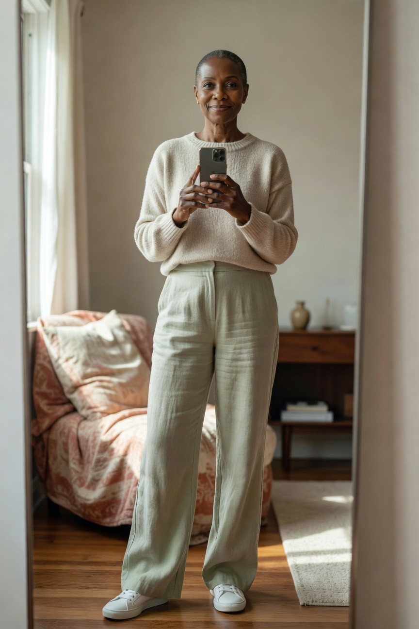 Cream Sweater With Light Green Pants And White Sneakers