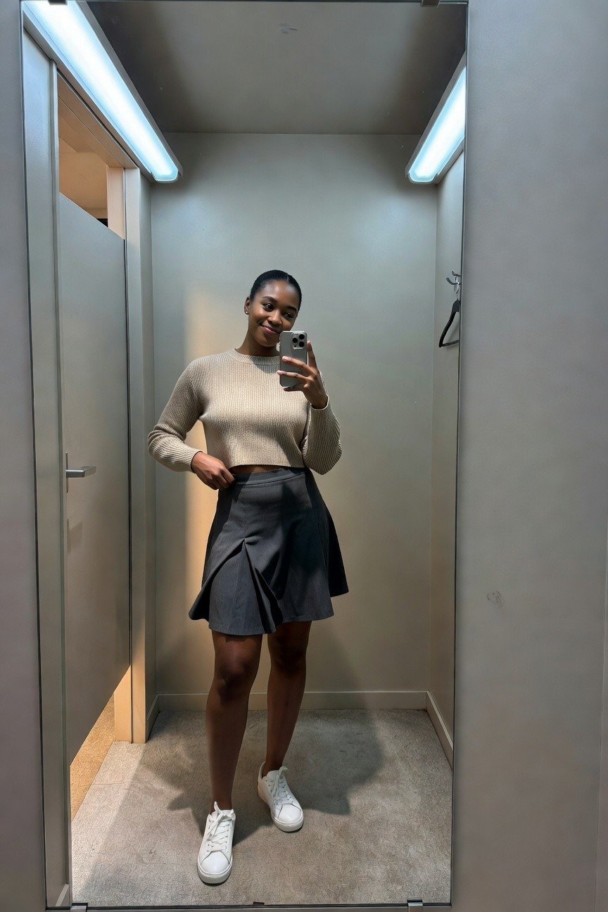Cropped Sweater With Pleated Skirt And White Sneakers