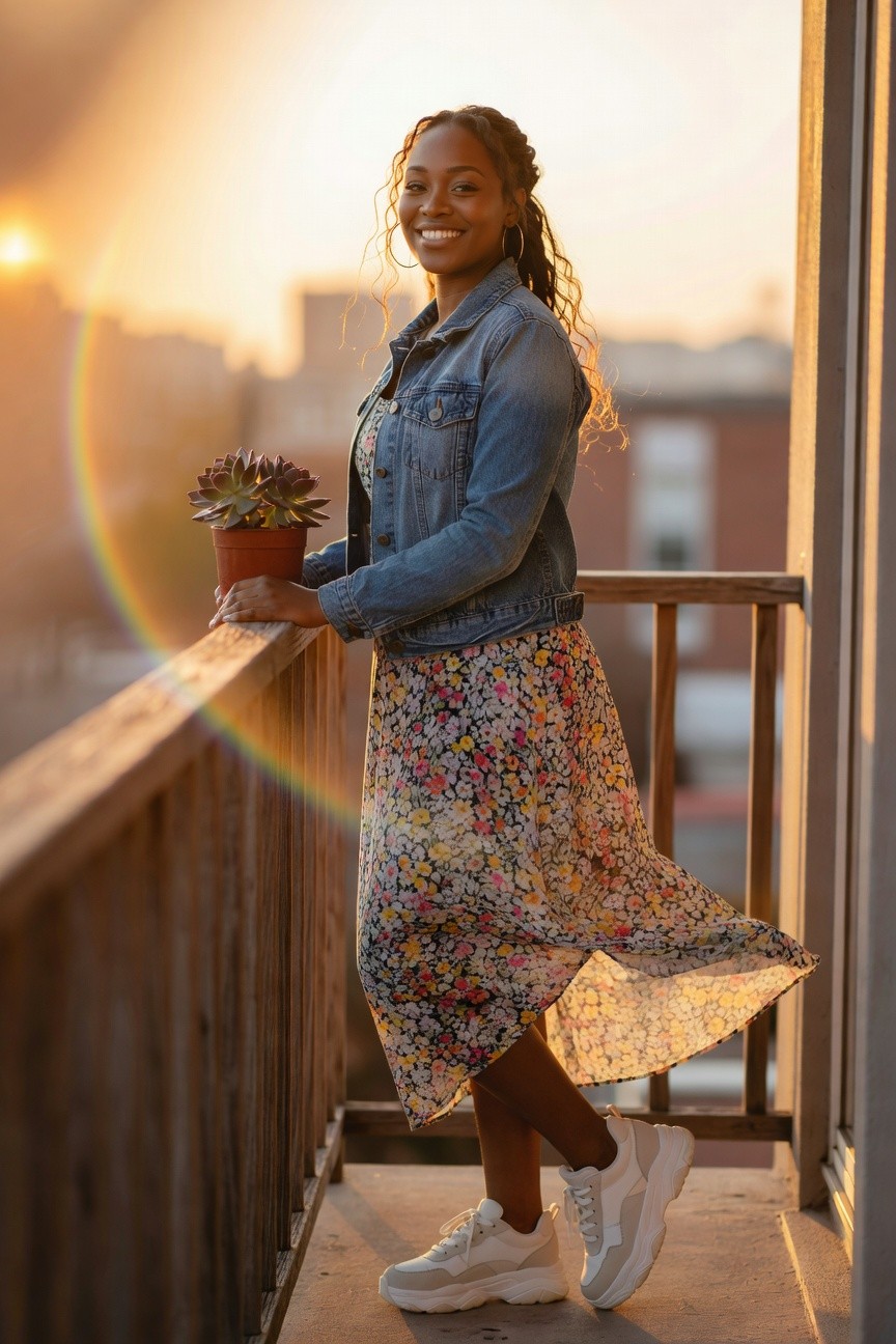 Black woman in blue denim jacket layered over white floral midi dress with white chunky sneakers.