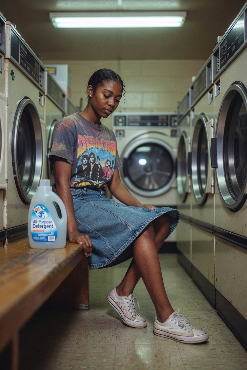 Denim Skirt And Graphic Tee With White Sneakers