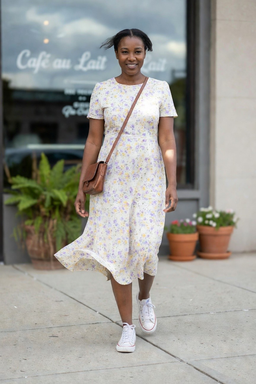 Floral Midi Dress With White Sneakers