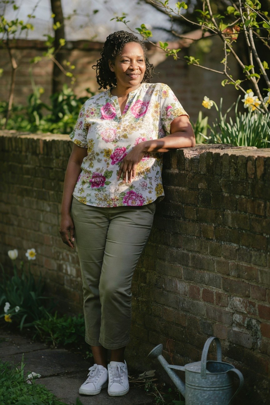 Floral Top With Khaki Pants And White Sneakers