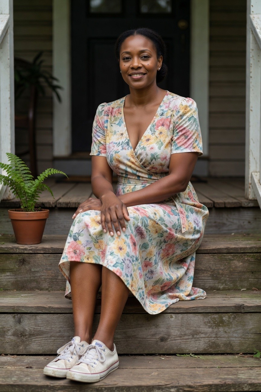 Floral Wrap Dress With White Sneakers