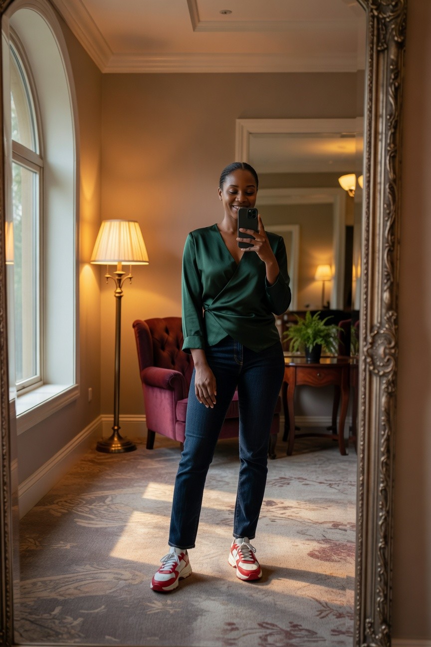Green Wrap Blouse Jeans And Red Sneakers