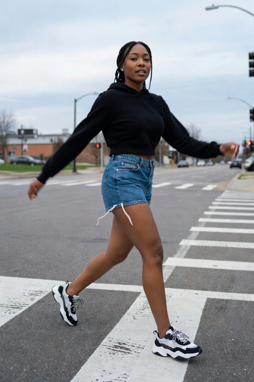 Hoodie And Denim Shorts With Chunky Sneakers