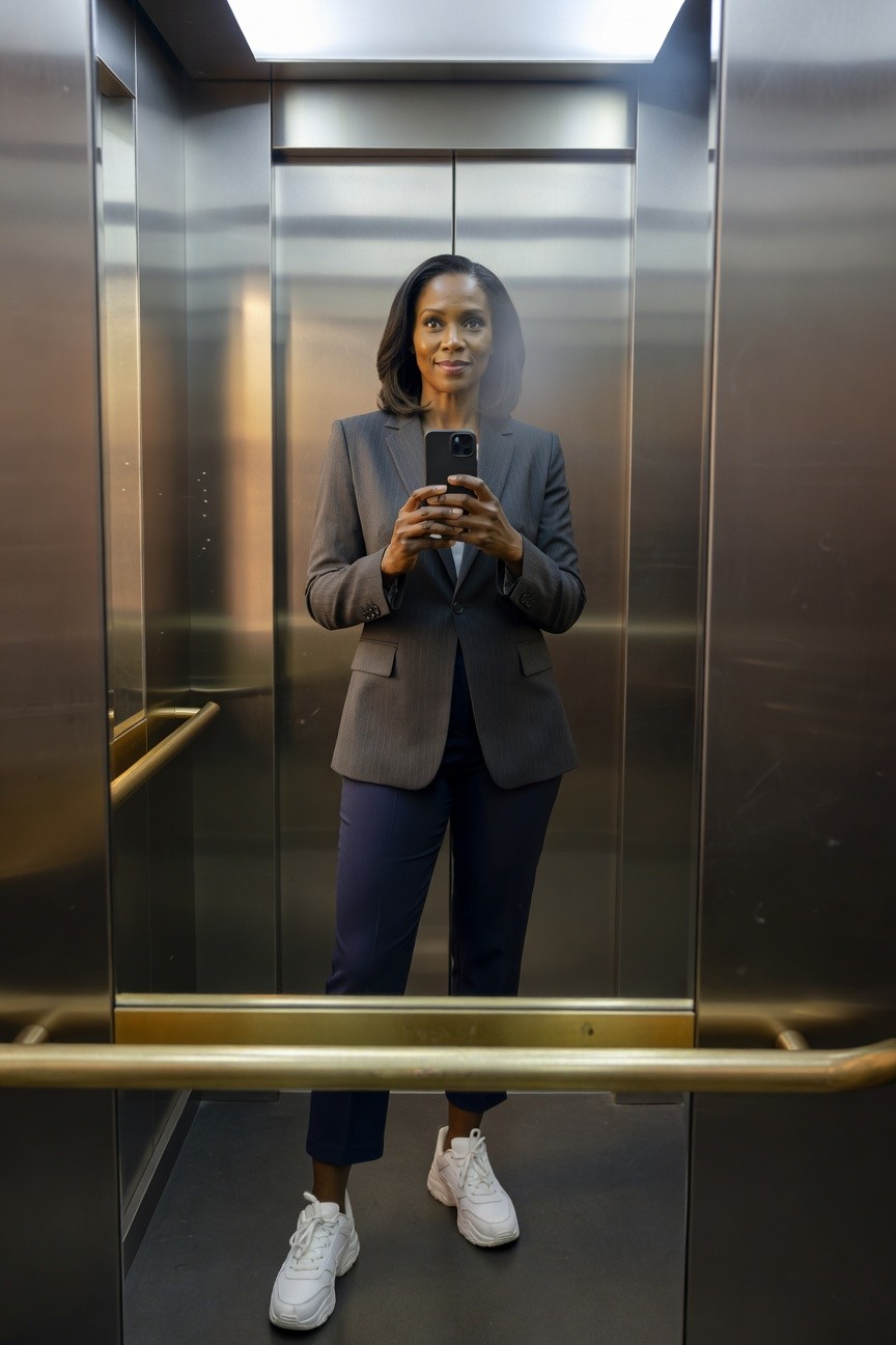 Pinstripe Blazer With Navy Pants And White Sneakers