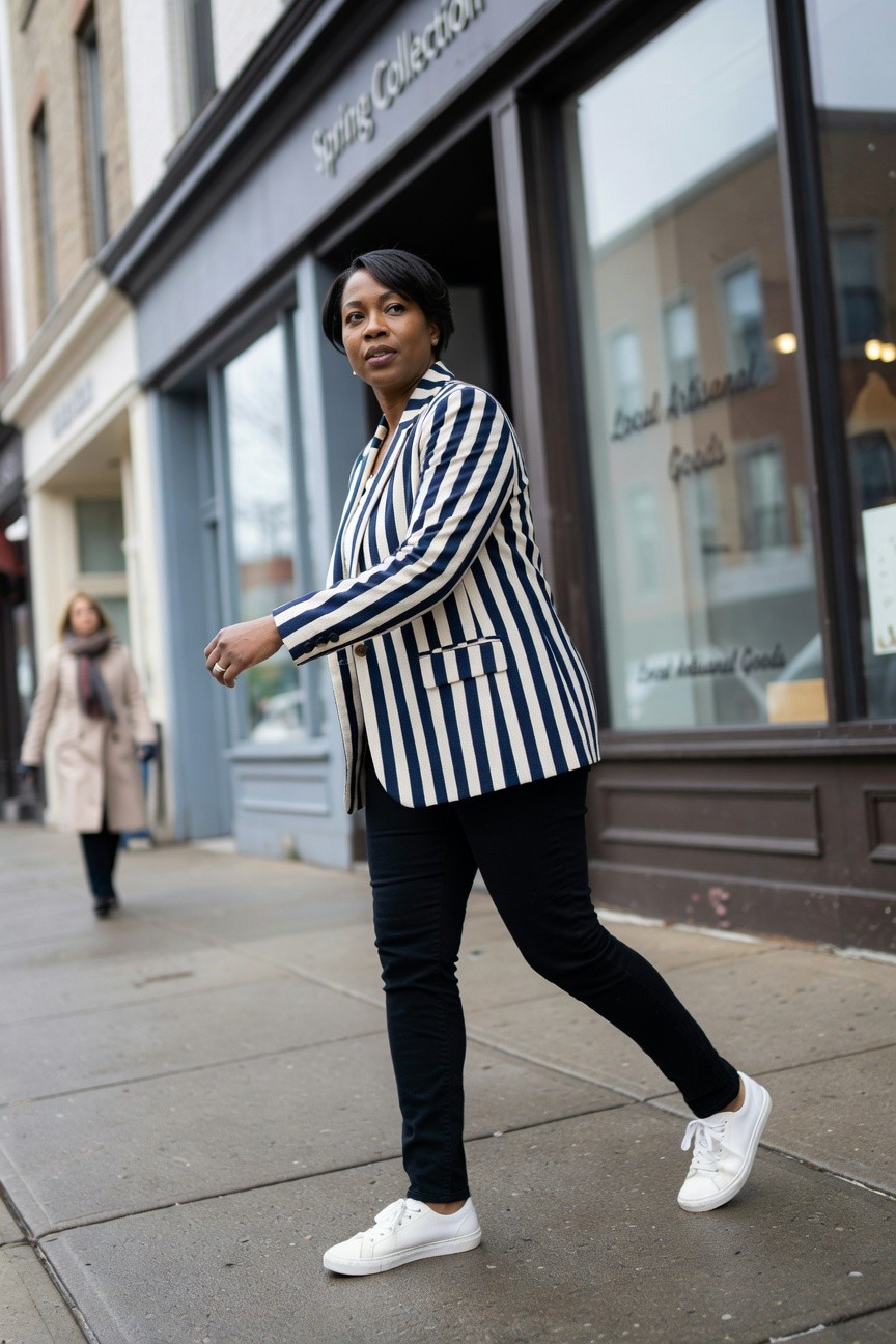 Striped Blazer With Jeans And White Sneakers