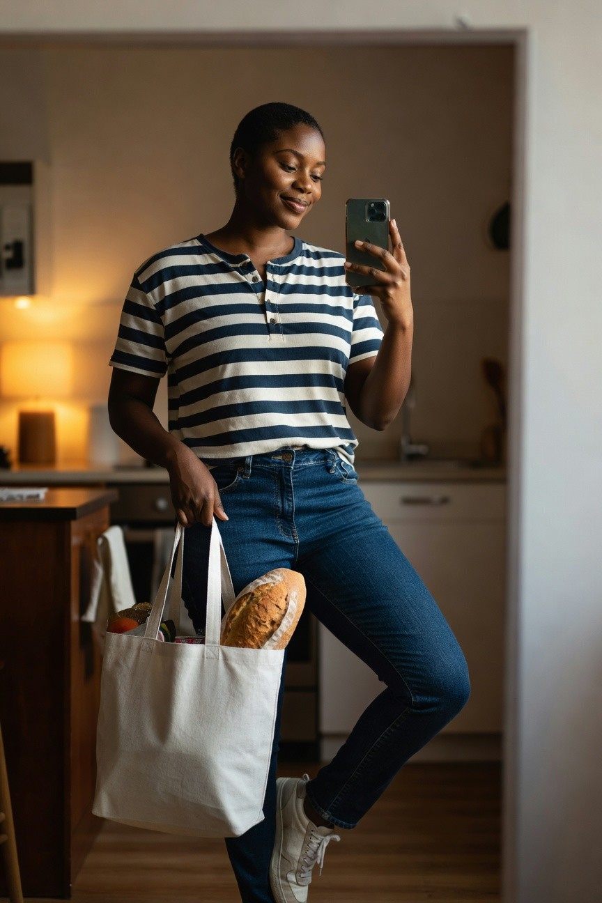 Striped Top With Jeans And White Sneakers