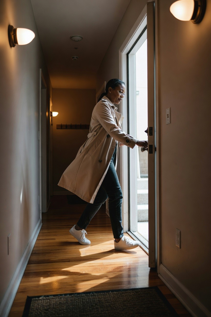 Trench Coat And Jeans With White Sneakers