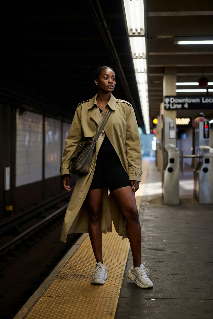 Trench Coat Over Bike Shorts With White Sneakers