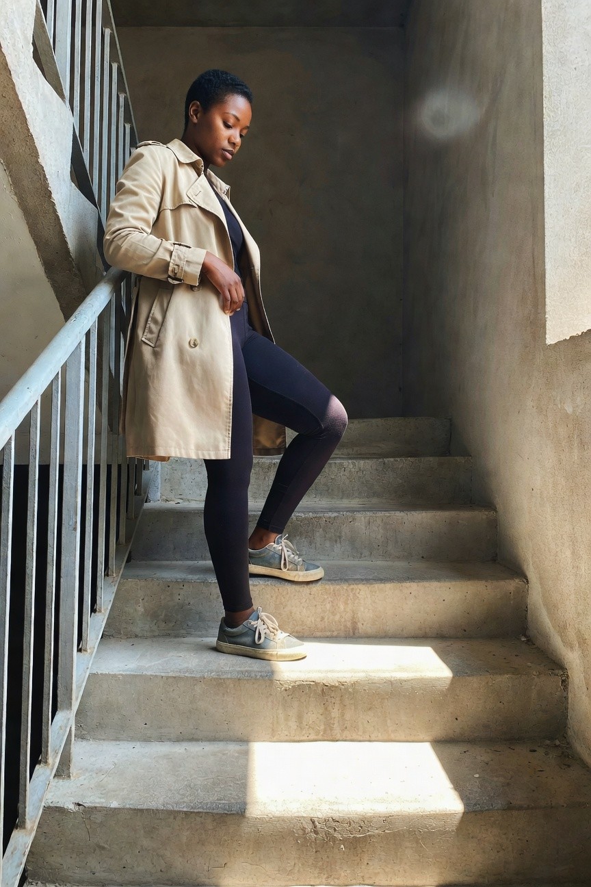 Trench Coat Over Leggings With Sneakers