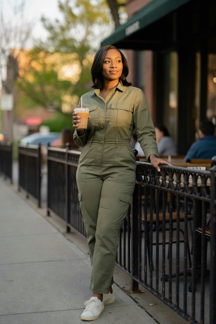 Utility Jumpsuit And White Sneakers