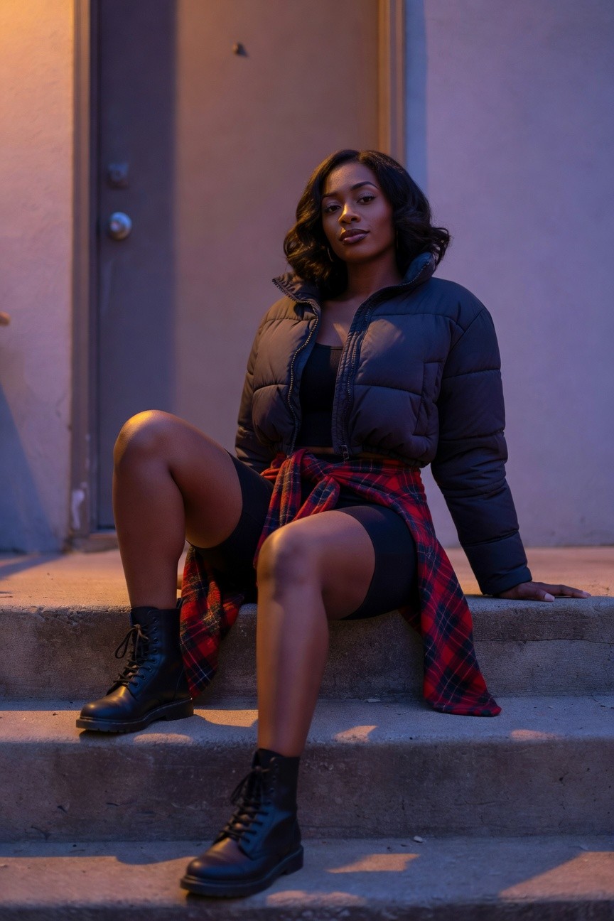 Black Puffer Jacket With Tied Plaid And Combat Boots