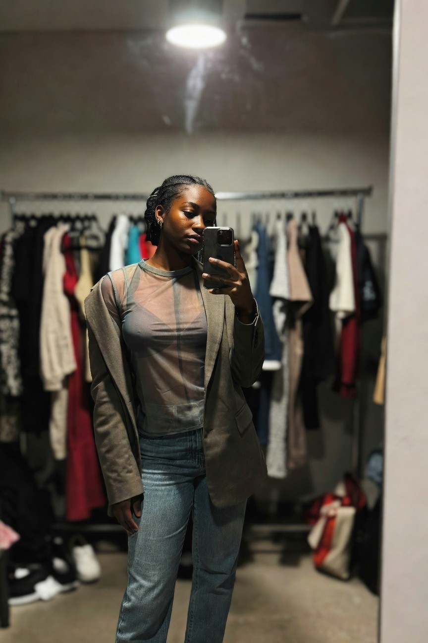 Blazer Layered Over Sheer Top With Jeans