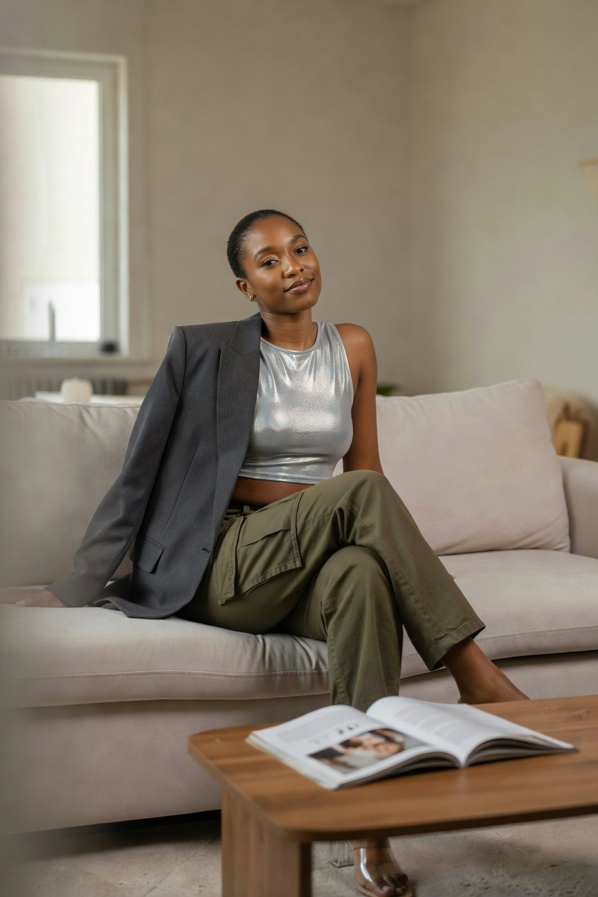 Blazer Over Metallic Top With Cargo Pants