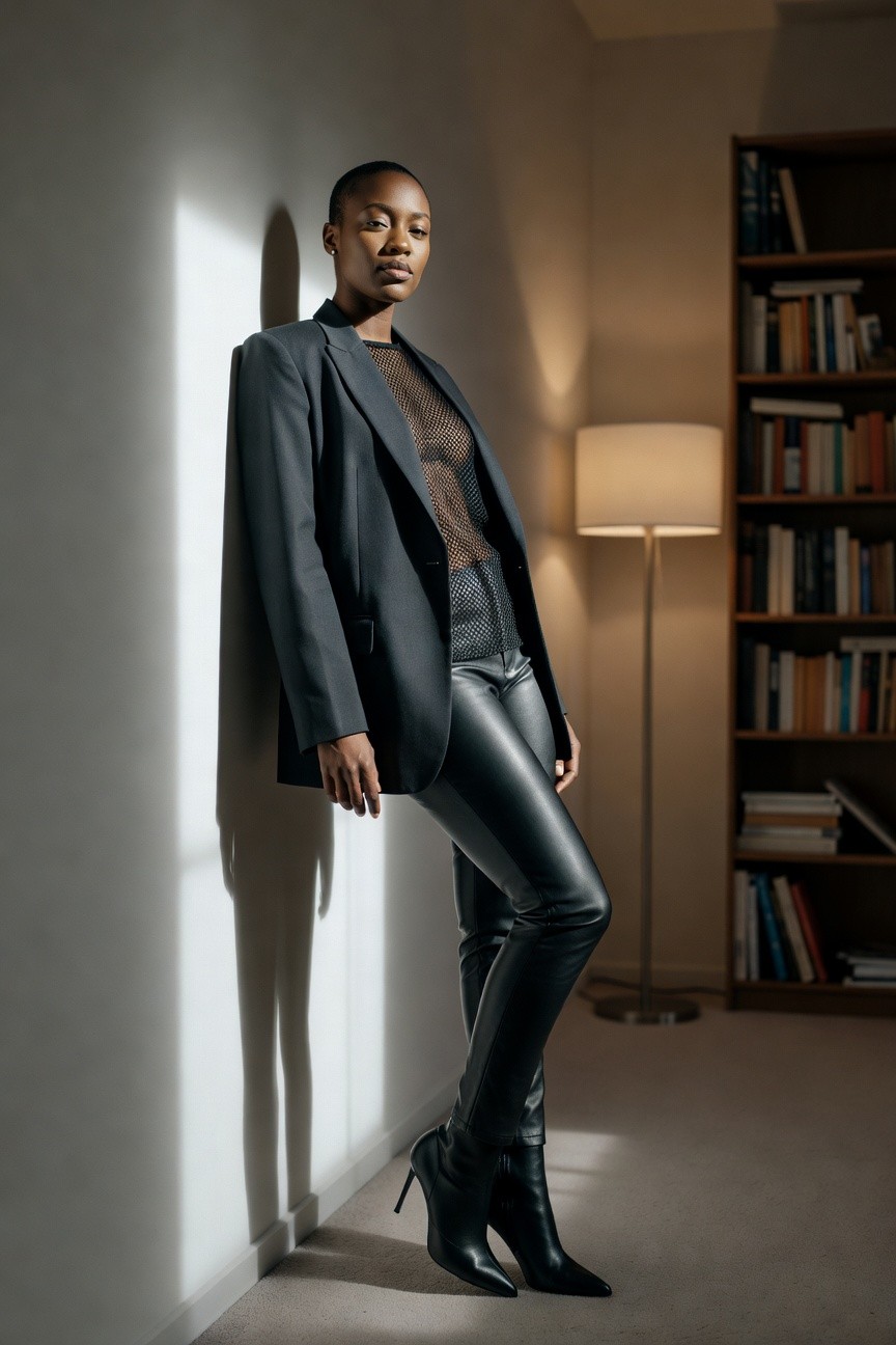 Blazer With Leather Pants And Mesh Top