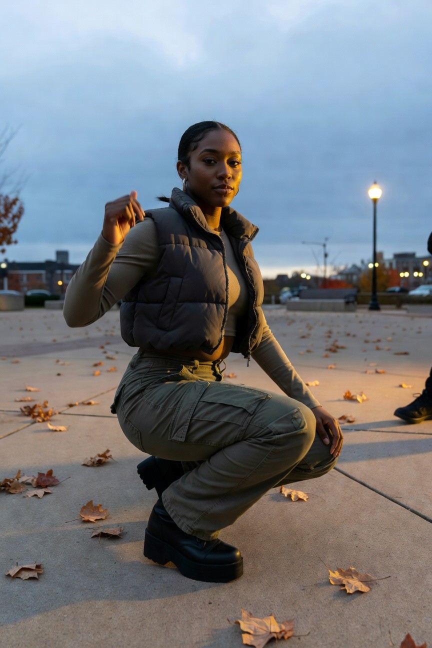 Cargo Pants With A Cropped Puffy Vest