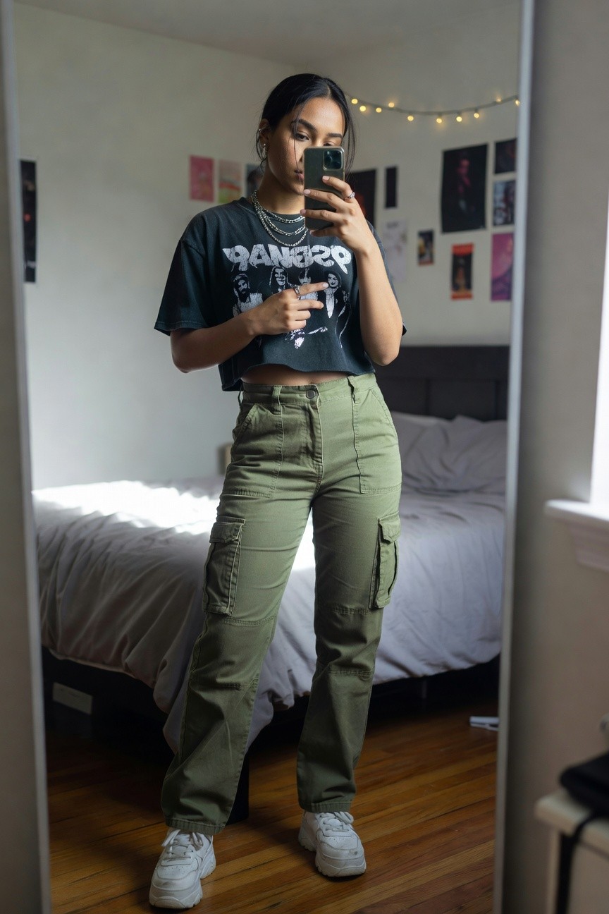 Cropped Band Tee And Olive Cargos