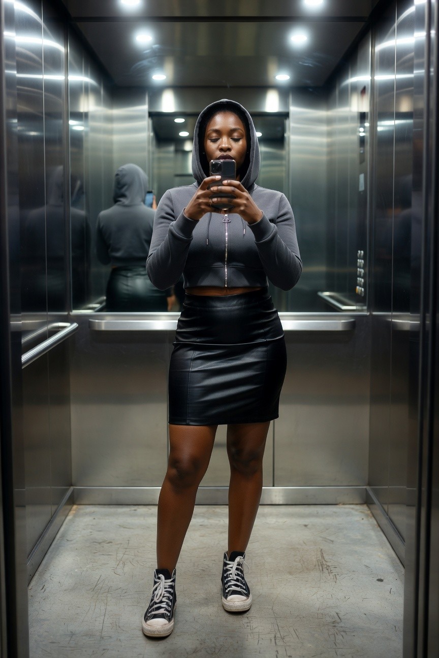 Cropped Gray Hoodie Over Leather Skirt