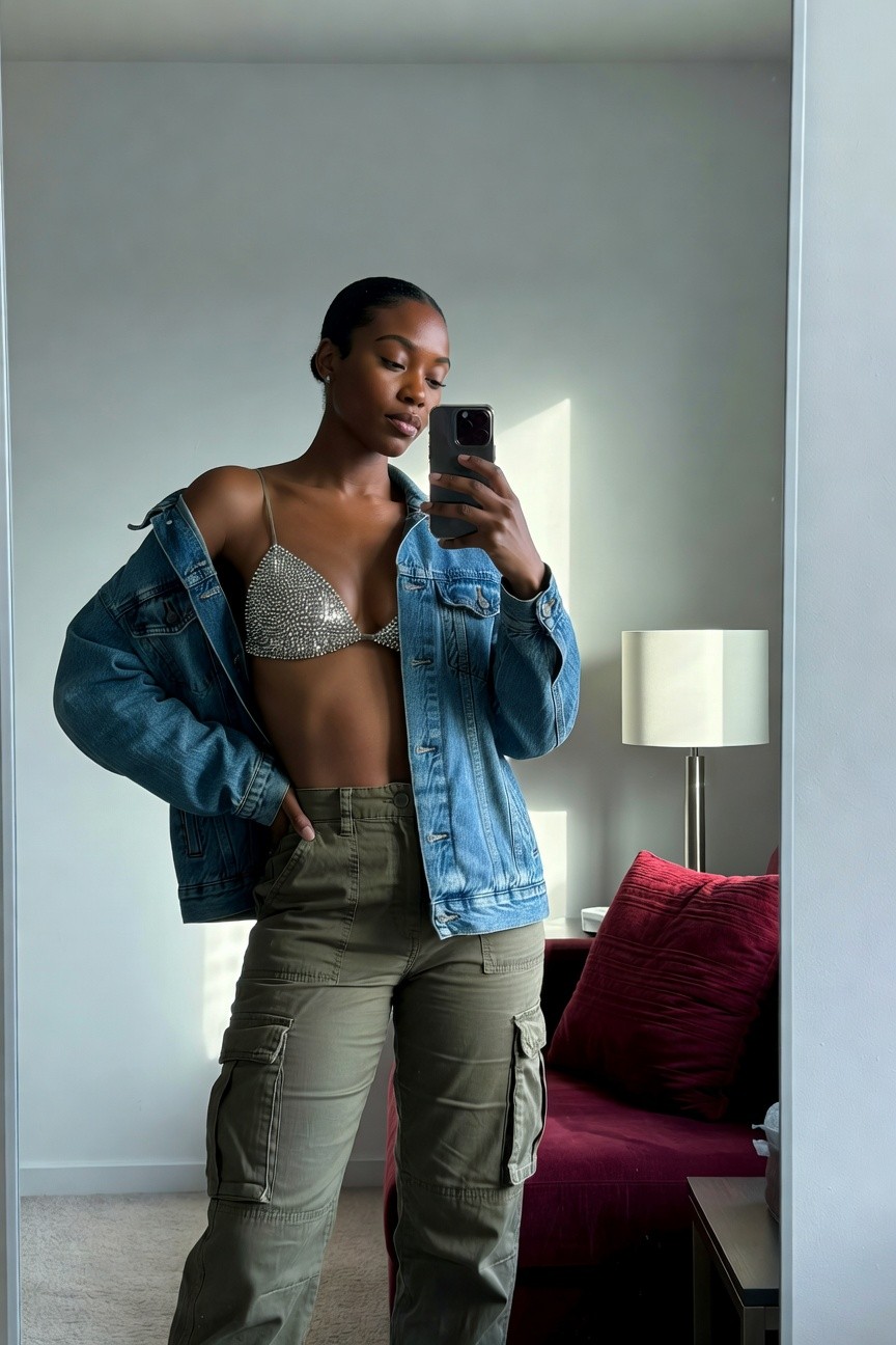 Black woman in an open blue denim jacket revealing a rhinestone bra top paired with loose olive cargo pants while holding a phone for a mirror selfie.
