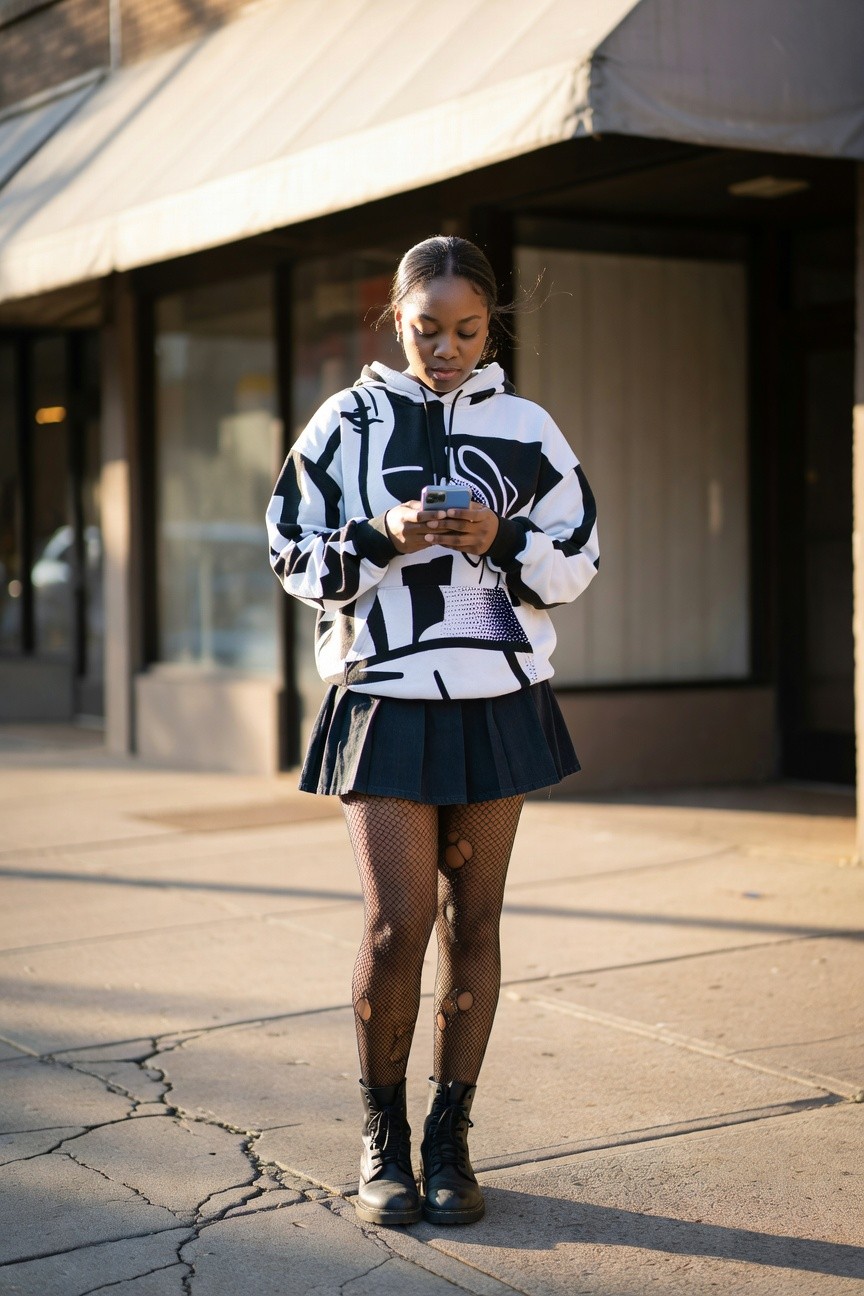 Graphic Hoodie And Pleated Skirt Setup