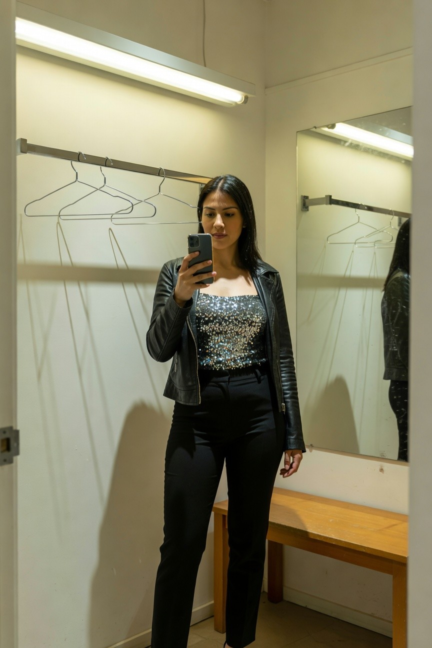Woman taking a mirror selfie in a black leather jacket over a silver sequin crop top with black pants in a fitting room setting.