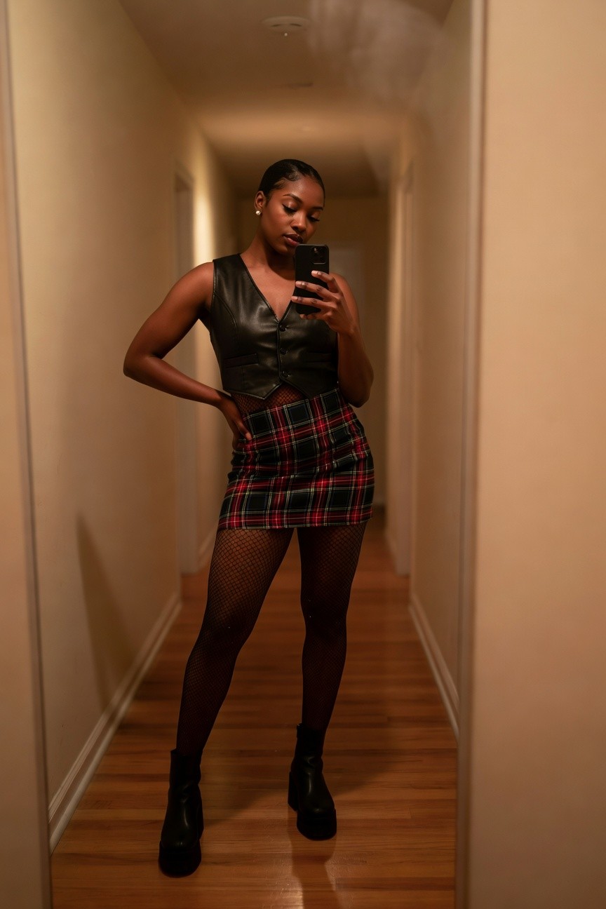 Leather Vest With Plaid Skirt