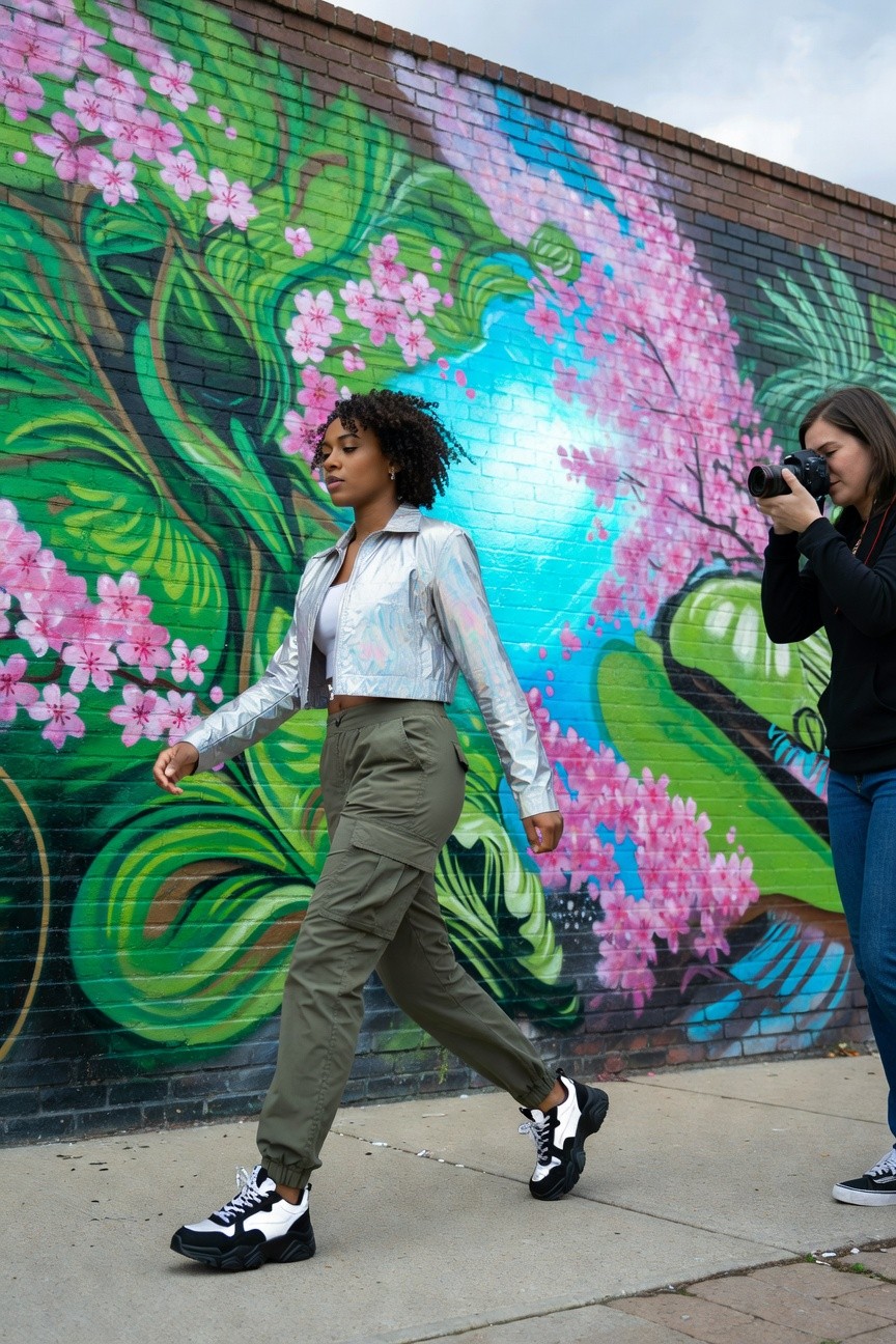 Silver Cropped Jacket Over Cargo Pants