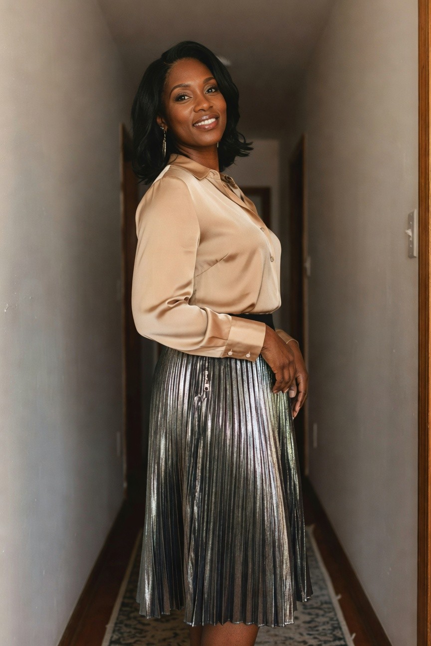 A Black woman stands in a hallway wearing a beige satin long sleeve button up blouse tucked into a silver metallic pleated midi skirt with small earrings and a thin bracelet.