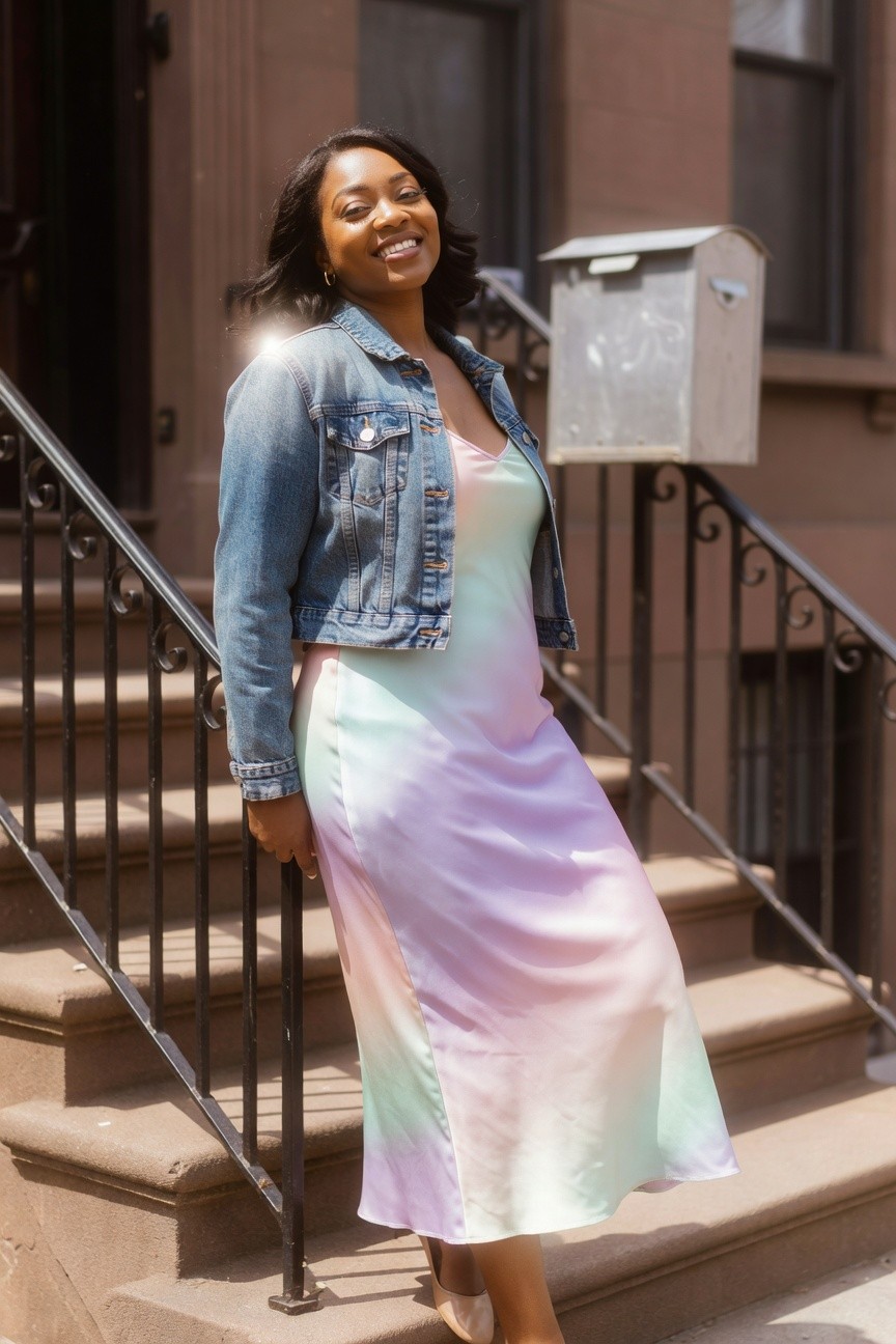 Denim Jacket Over A Pastel Slip Dress