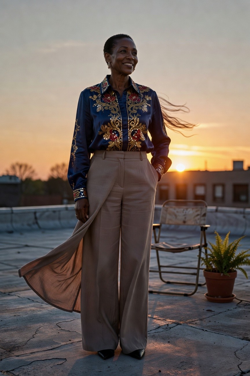 Navy Embroidered Shirt With Wide Leg Pants
