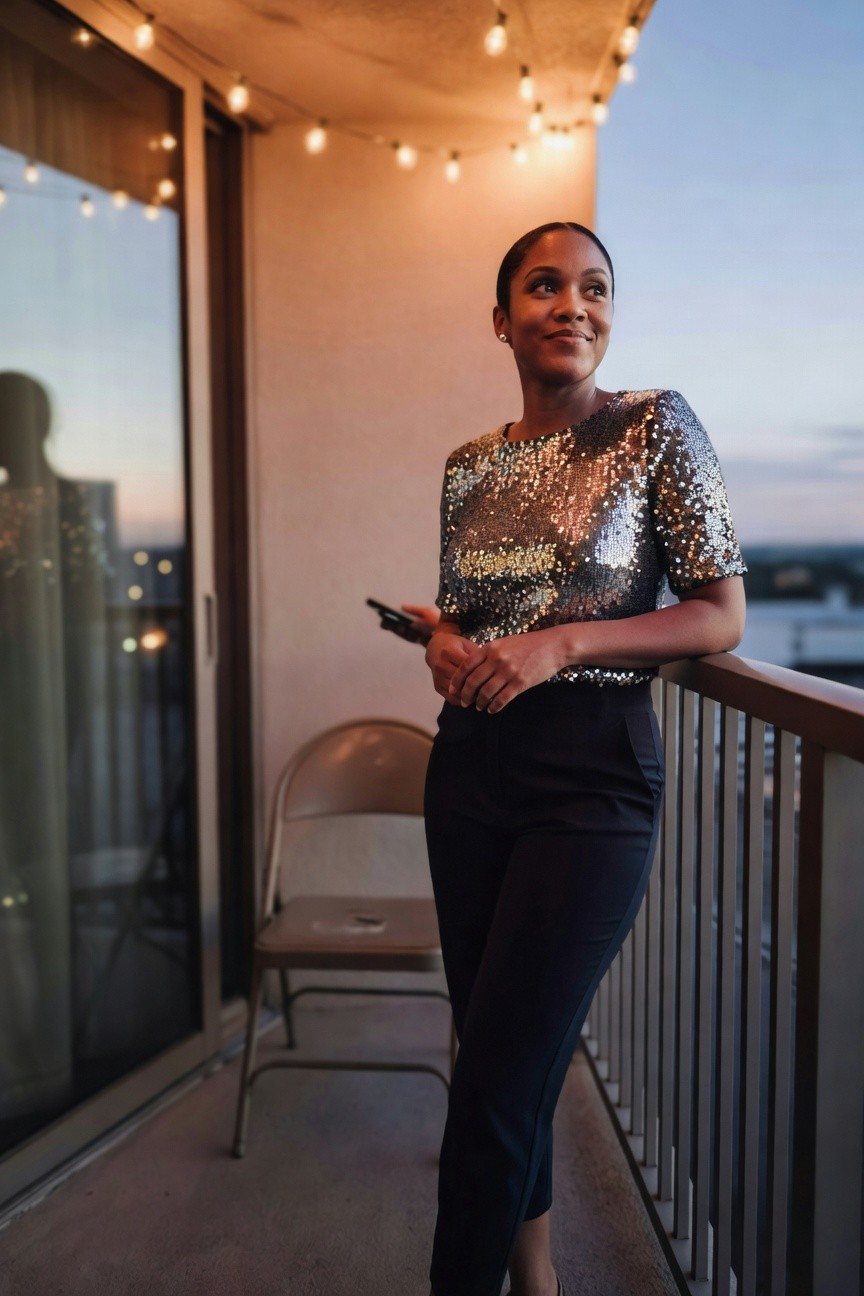 A Black woman in a short sleeve silver sequin top and fitted black pants standing on a balcony while holding a phone.