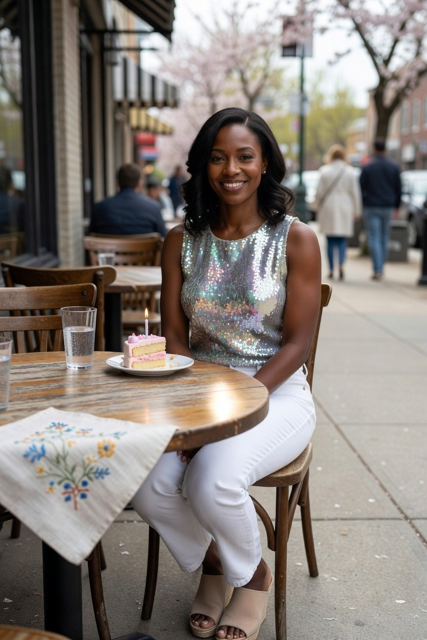 Sequin Top With White Pants