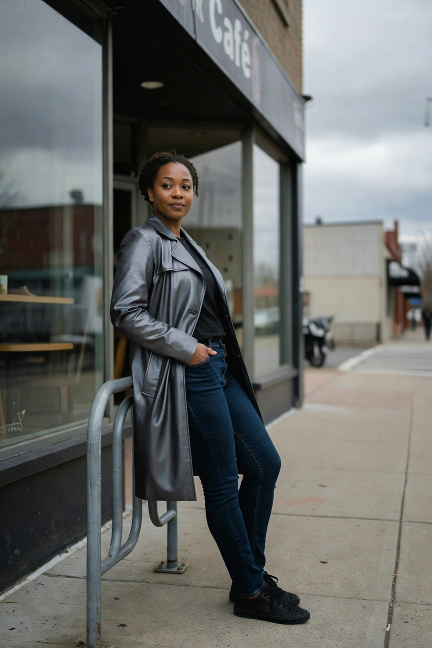 Silver Trench Coat Over Denim