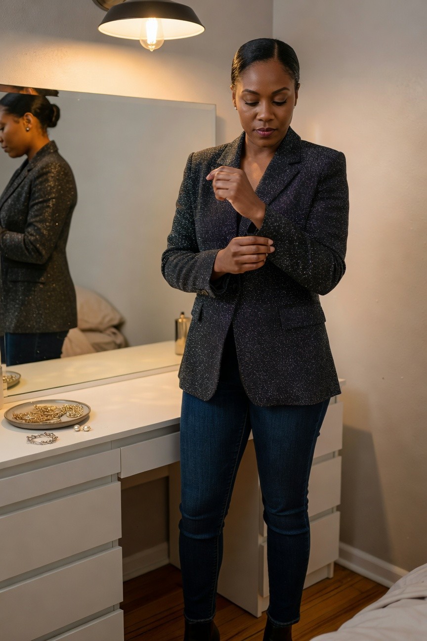 Sparkly Blazer Over Denim Jeans