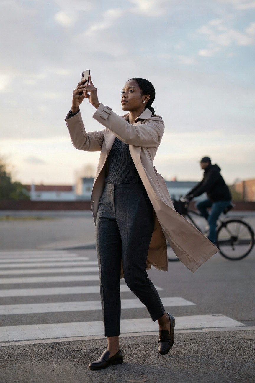 Beige Trench Coat Over Dark Tailored Pants