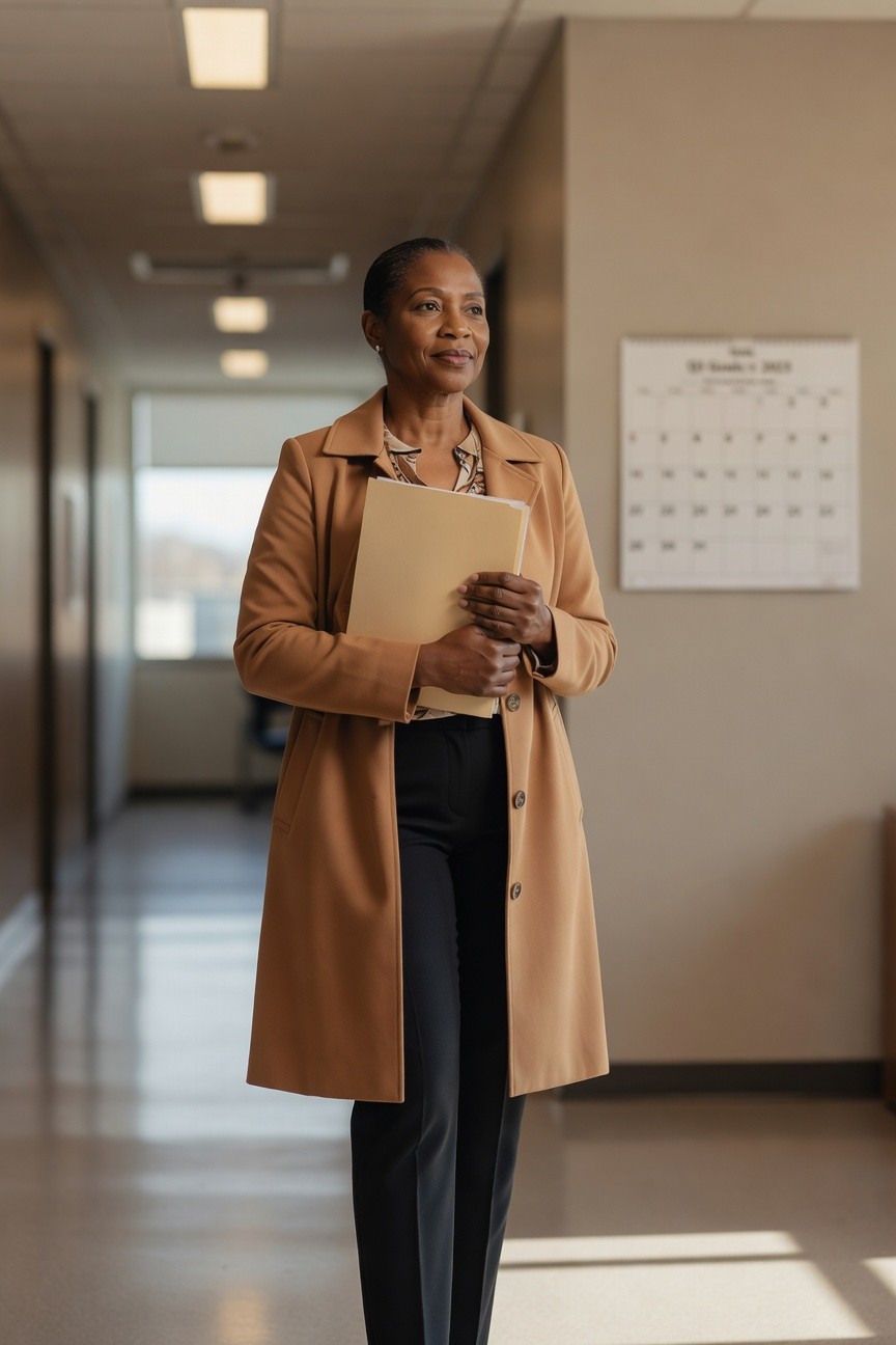 Camel Coat Over Black Pants At Work