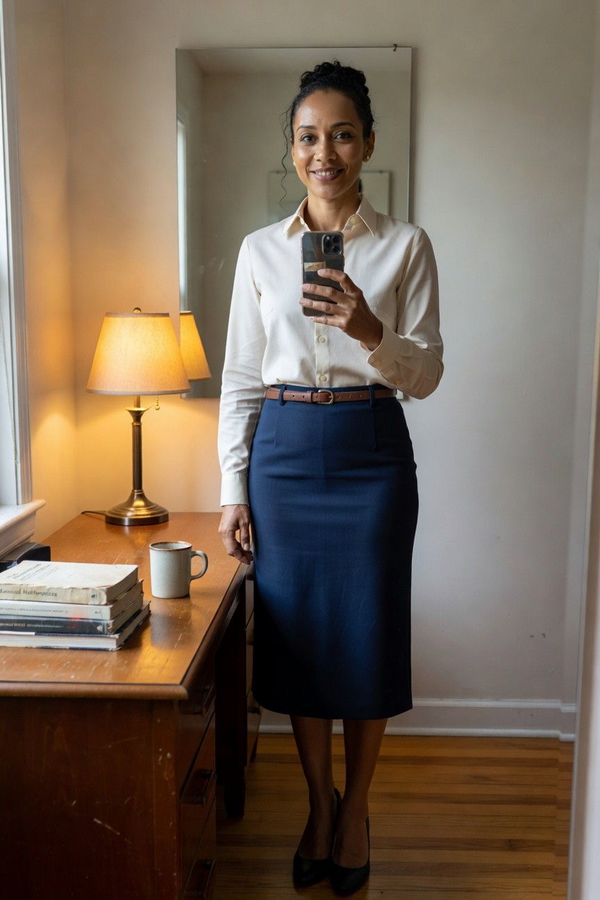 Cream Shirt And Navy Skirt For The Office