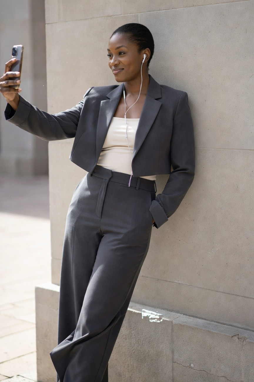 Cropped Gray Suit With Wide Leg Trousers