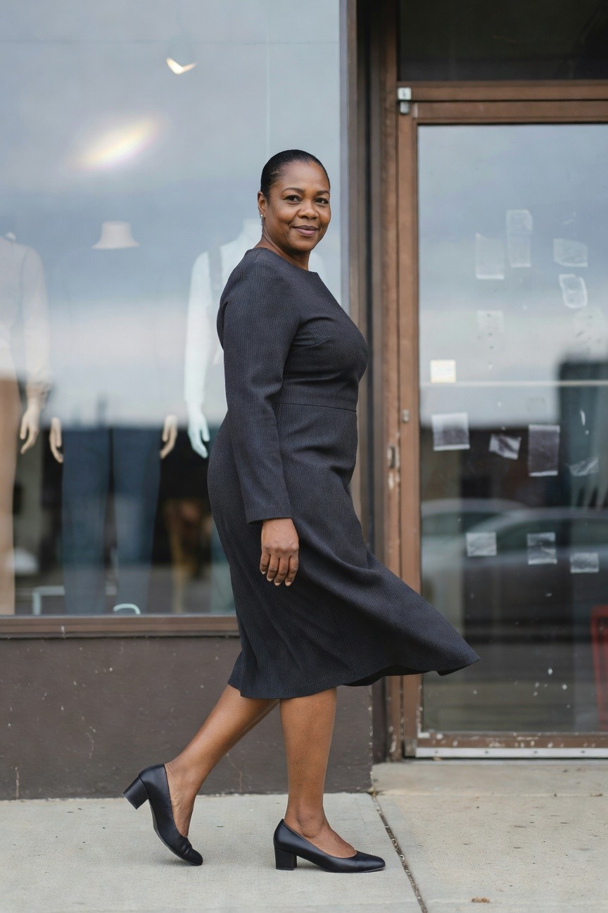 Dark Gray Ribbed Midi Dress With Block Heel Pumps