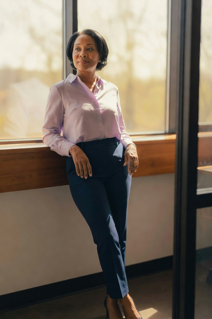 Black woman in a lavender button up shirt tucked into navy trousers with black heels and a thin gold necklace.
